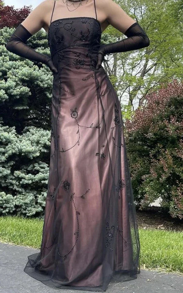 Pink Brown Vintage Exquisite Beaded Spaetti Strap Long Tulle Elegant Ball Gown Evening Dress Party Dress Prom Dress