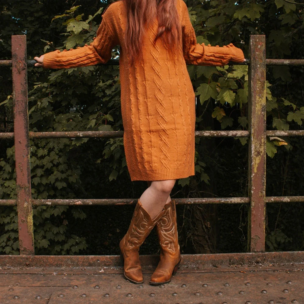 Brown Chunky Heel Embroidered Snip Toe Cowgirl Mid-Calf Boots