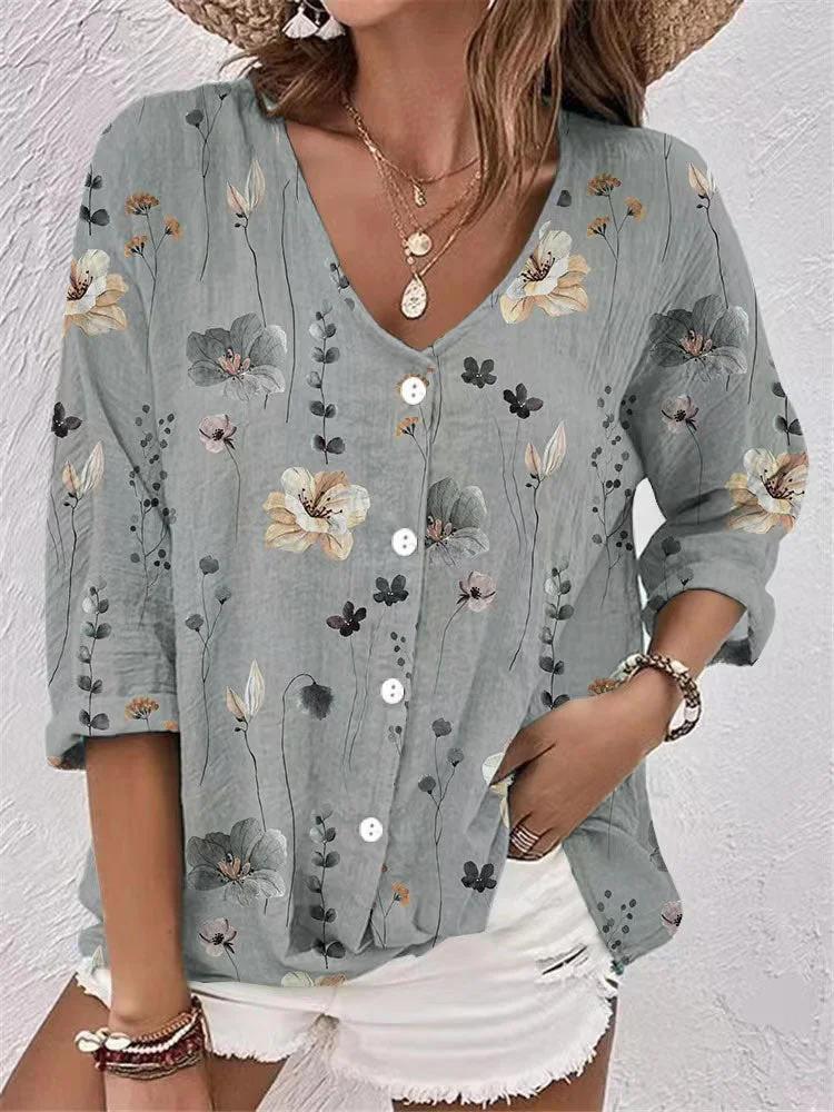 Women's Long Sleeve V-neck Floral Printed Top