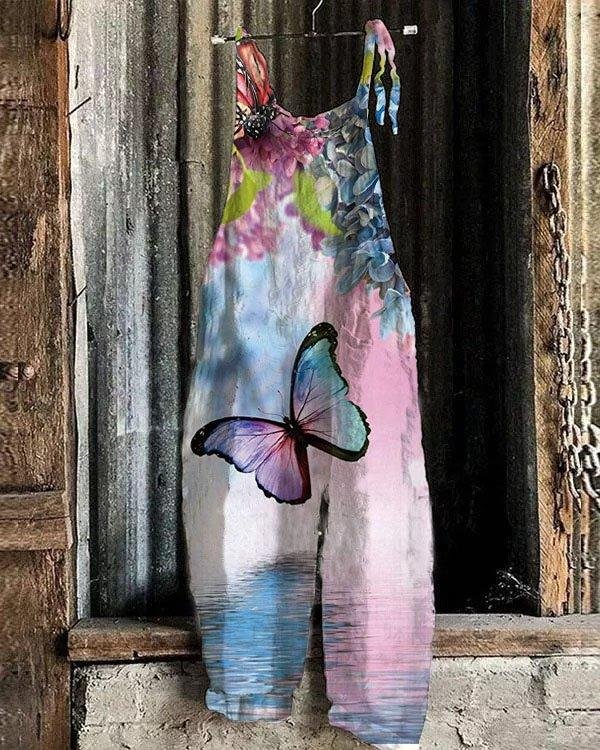 Women's Floral Butterfly Print Loose Casual Jumpsuit