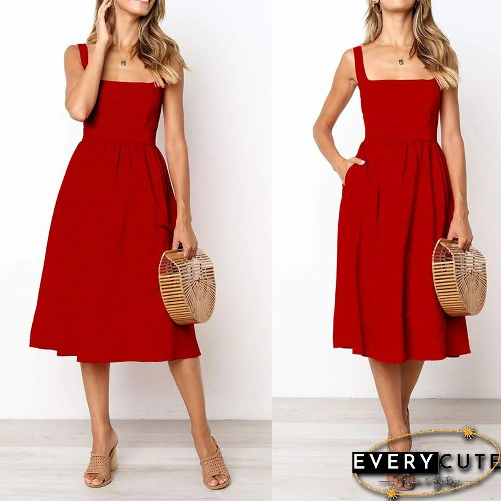 Slim Fit Wide Strap Square Neck Ruched Waist Midi Dress