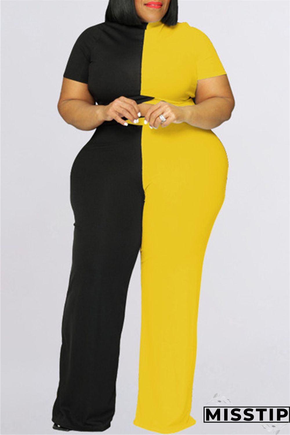 Yellow Black Fashion Casual Solid Patchwork Half A Turtleneck Plus Size Two Pieces