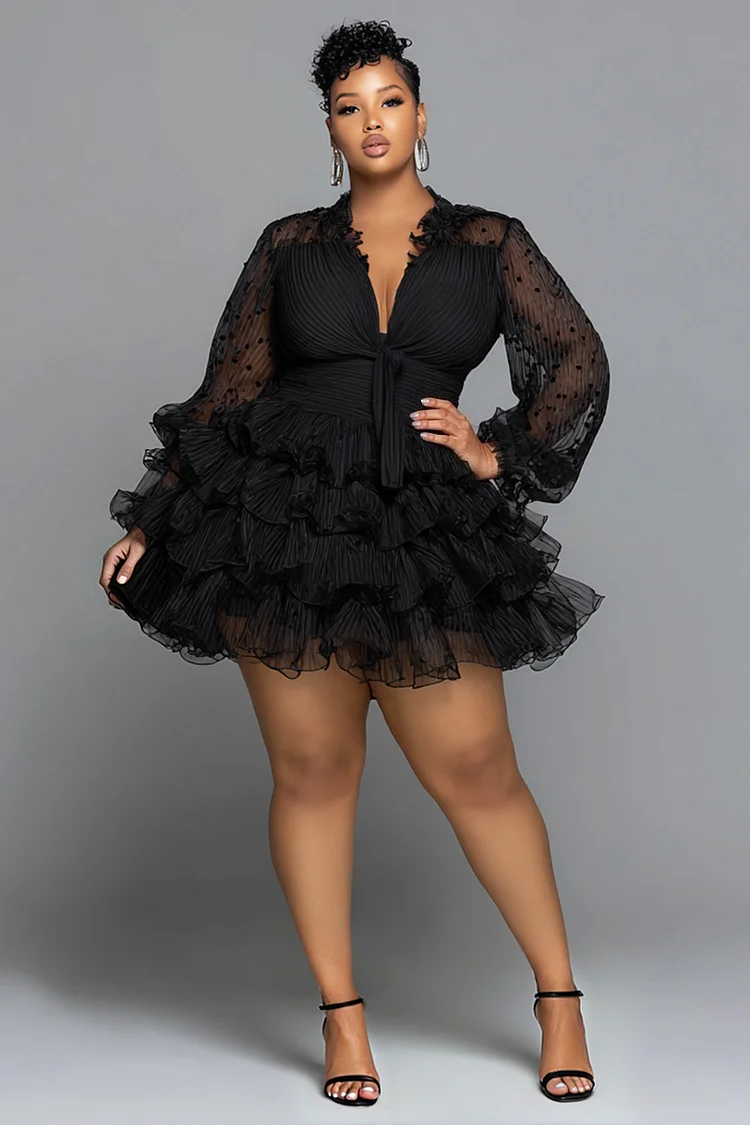 Xpluswear Design Plus Size Party Black V Neck Puff Sleeve Long Sleeve See Through Elegant Ruffle Lace Mini Dresses 2024 - Xpluswear