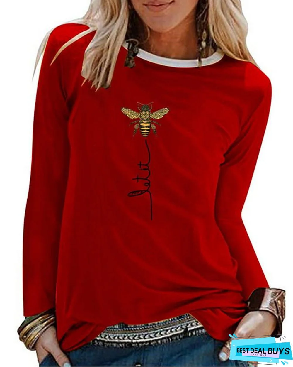 Women's T-shirt Graphic Prints Long Sleeve Round Neck Tops Cotton Basic Top White Black Blue