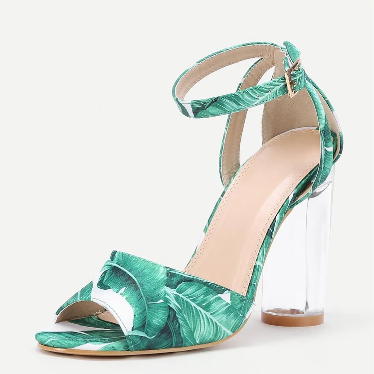 Green Floral Peep Toe Ankle Strap Transparent Block Heel Sandals |FSJ Shoes
