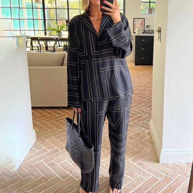 Ootddress Casual Patchwork Printed 2 Piece-Set For Women Trousers Fashion Lapel Shirts Nightwear Slim High Waist Women's Pants Sets