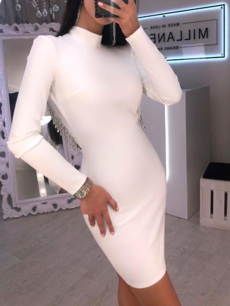 Promsstyle Stunning backless tassesl mock neck mini white dress