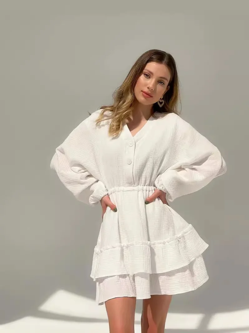 Nigikala Nigikala Summer New Solid Color Long-Sleeved Dress Temperament V Collar Thin A Dress