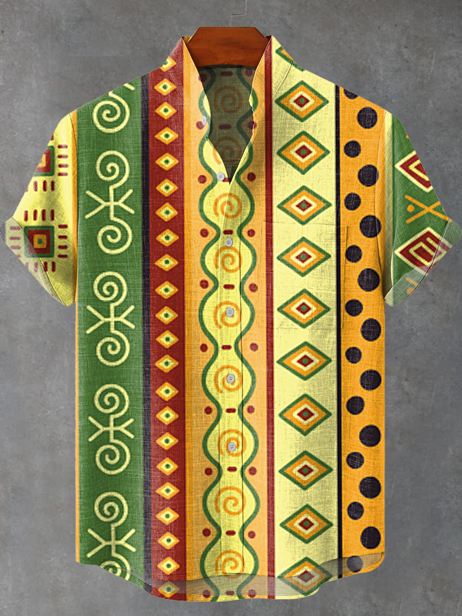 Vintage Abstract African Diverse Geometric Stripes Art Print Casual 100% Cotton Shirt