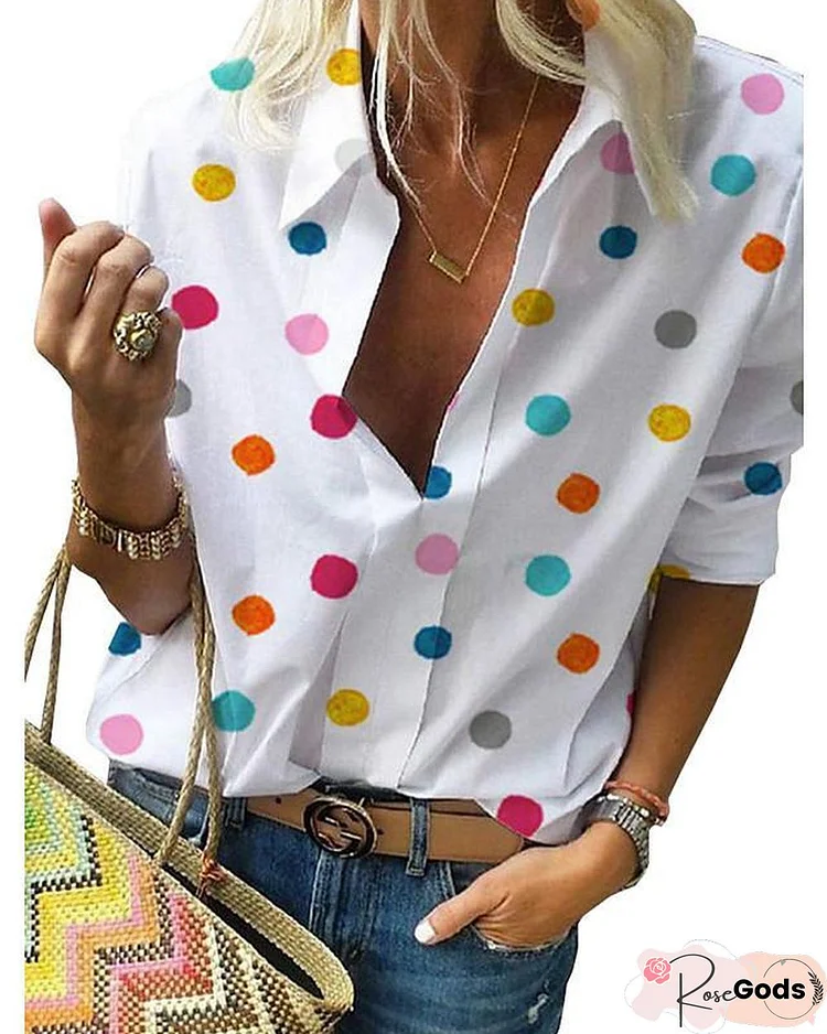 Women's Plus Size Blouse Shirt Polka Dot Sexy Long Sleeve Print Shirt Collar Tops Casual Basic Top White Blue Gray-829