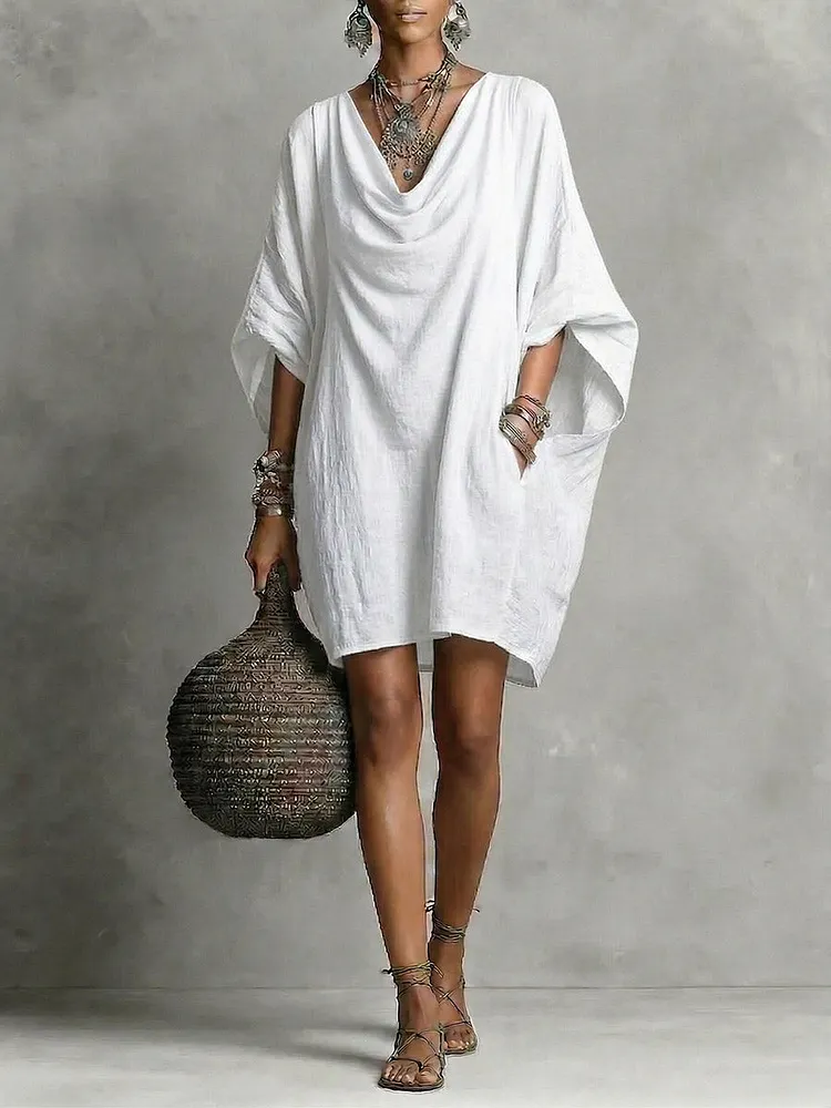 Women's Solid-color Cowl-neck 3/4-sleeve Casual Loose Cotton-linen Dress
