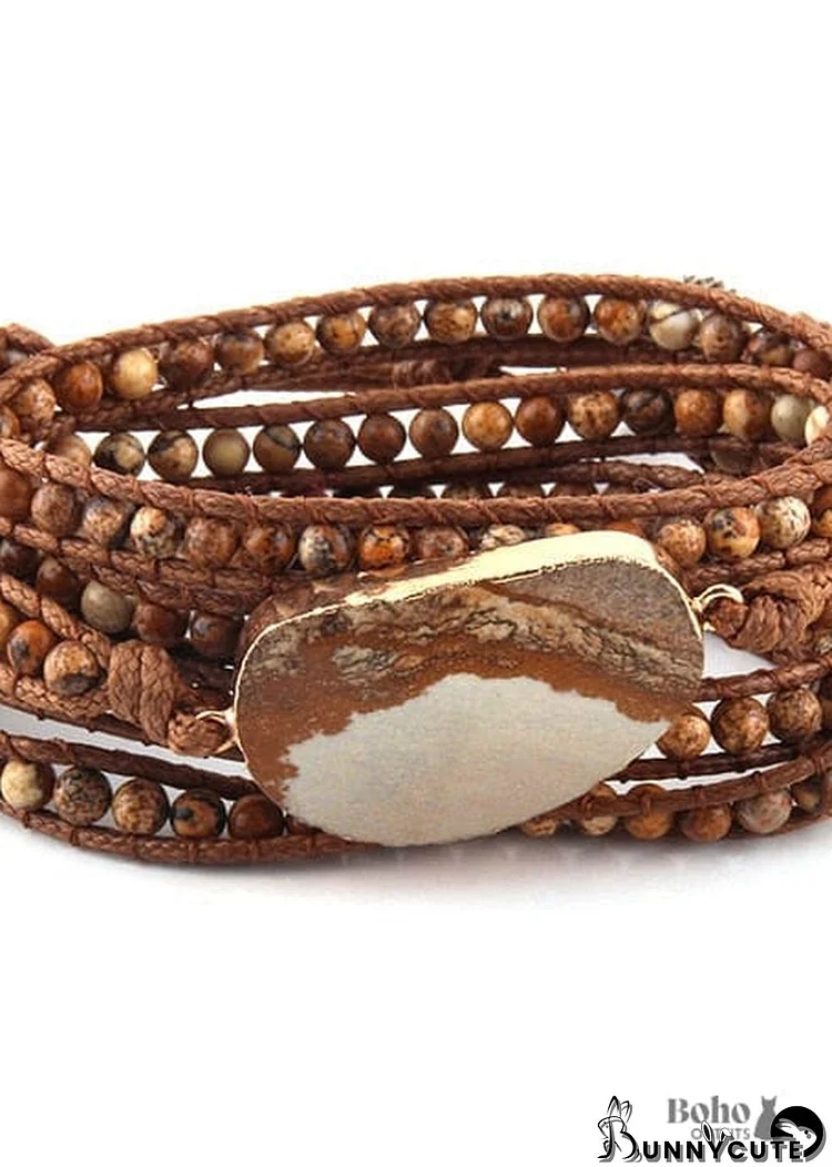 Boho Bracelet, RH 5 Layers Leather Wrap Bracelet, Natural Stones, Blue, White, Brown