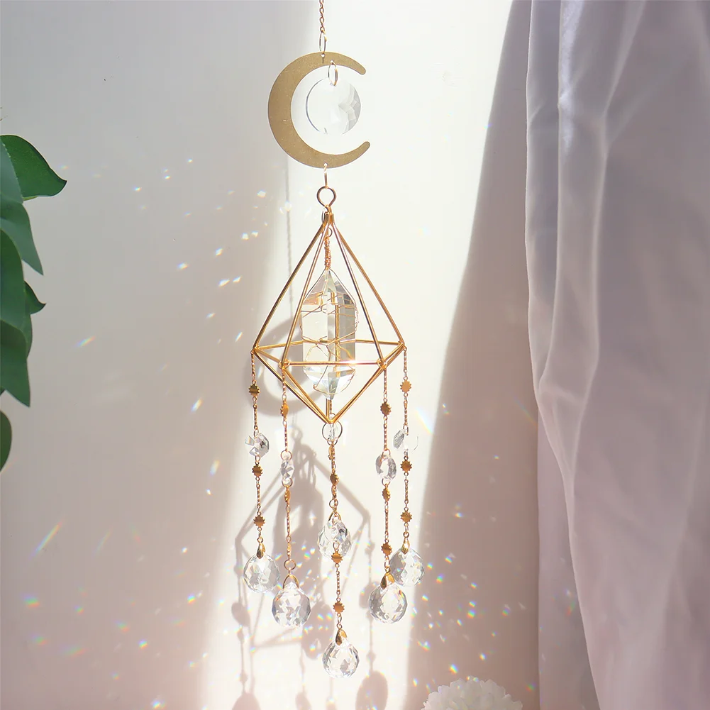 Metal Rainbow Collection Hanging Hexagon Moon Crystal Prisms Wind Chimes