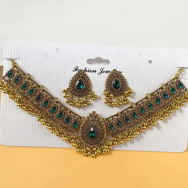 bollywood style 1 pair of earrings 1 necklace vintage jewelry set retro design inlaid gemstone match daily outfits party accessories details 4