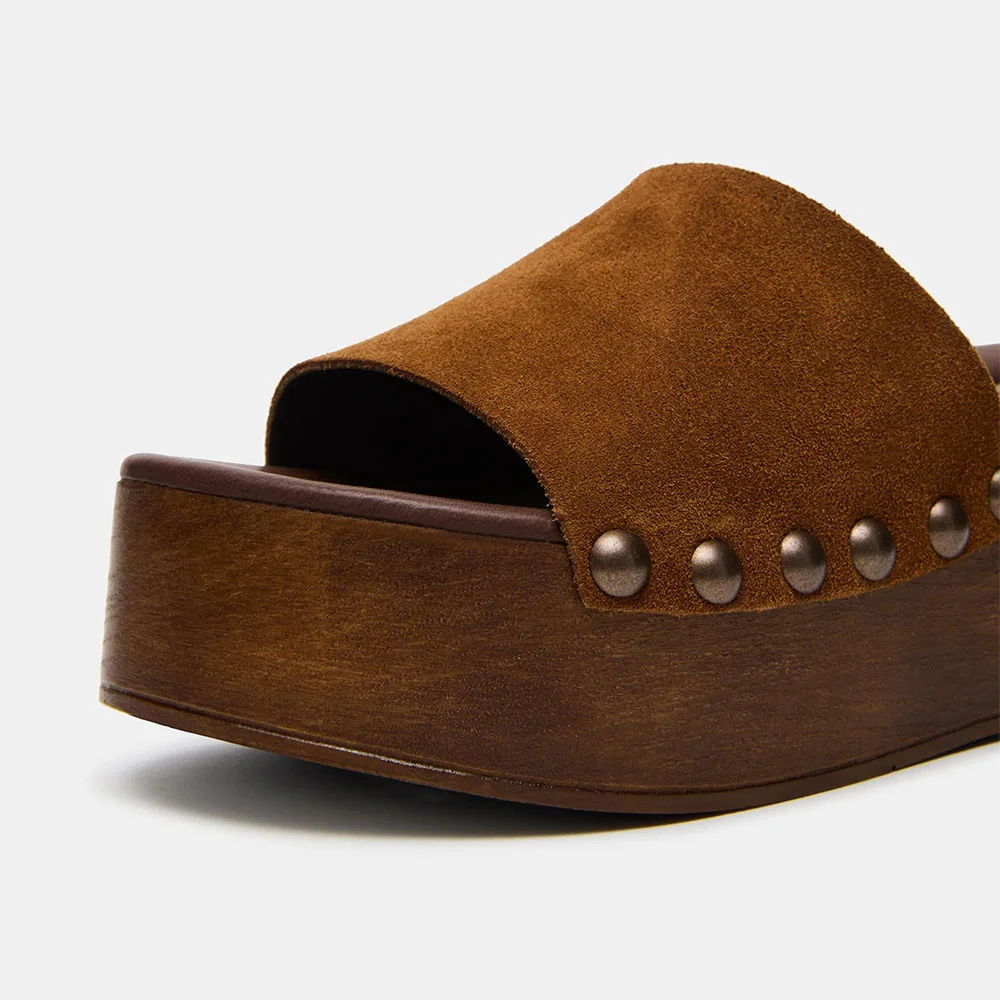 Tan Vegan Suede Round Toe Clog Walking Studded Slides with Platform
