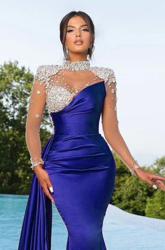 Prom Dress Long Mermaid Satin With Trail Beadings Long Sleeves Purple YL0236