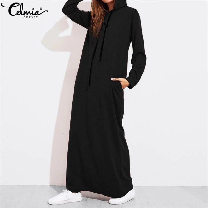 Graduation Gifts  2022 Autumn Winter Women Maxi Dress Vintage Hoodies Casual Solid Long Sleeve Pockets Hooded Party Dress Long Vestido Robe