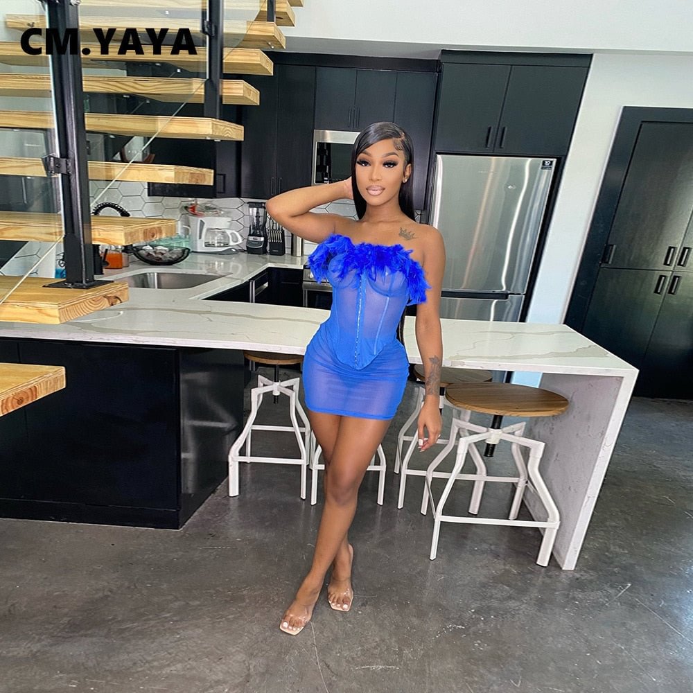 CM.YAYA Women Mesh See Though Mini Midi Skirts Suit and Croset Feather Strapless Shirt Tops Beach Sexy Matching Two 2 Piece Set