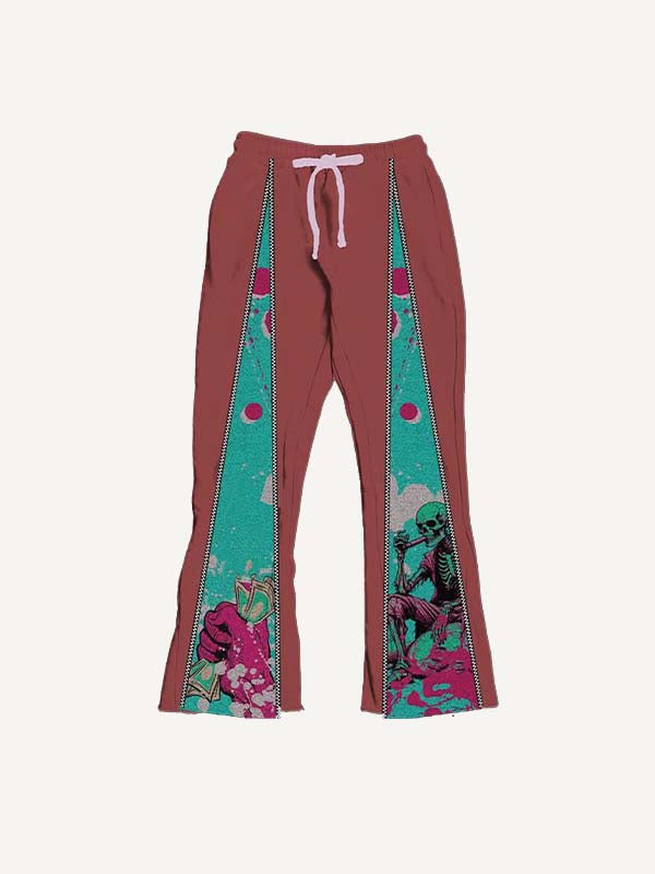 Colorblock Palm&Skeleton&Letter Faux Decal Print Elastic Waist Pants