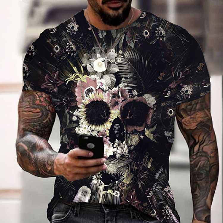 Skull Pattern Summer Crew Neck Short Sleeved Men's T-Shirts at Hiphopee