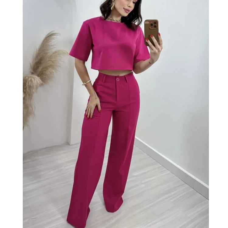 Women's Round Neck Short Sleeve Solid Color Casual Suit