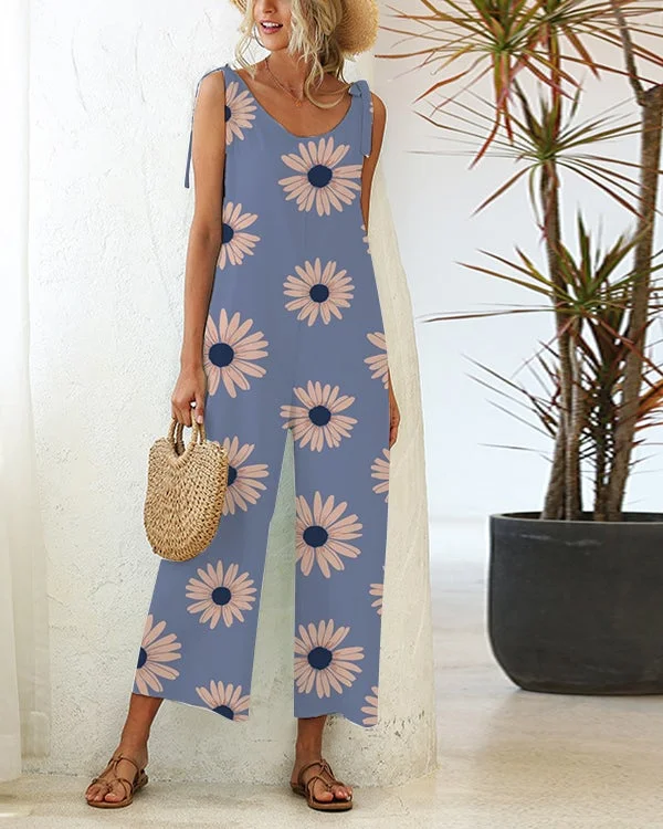 Casual Loose Lace-up Straight-leg Daisy Jumpsuit