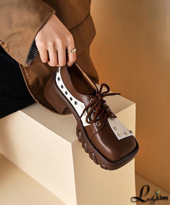 Casual Lace Up Chunky High Heels Brown Cowhide Leather Loafers For Women