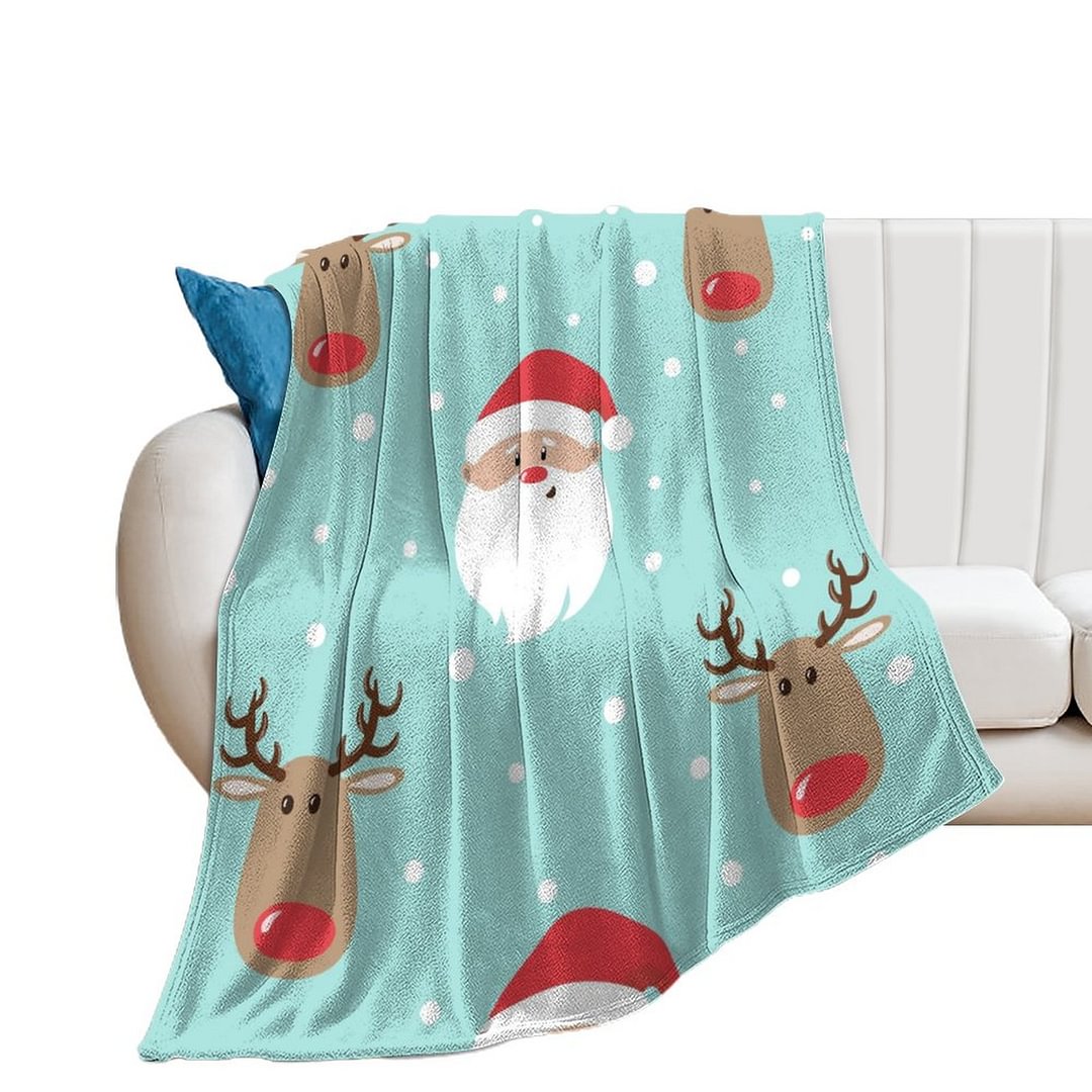 Custom Santa and Reindeer Blue Blanket