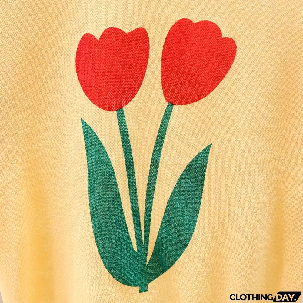 Flower Graphic Ribbed Trim Knit Top