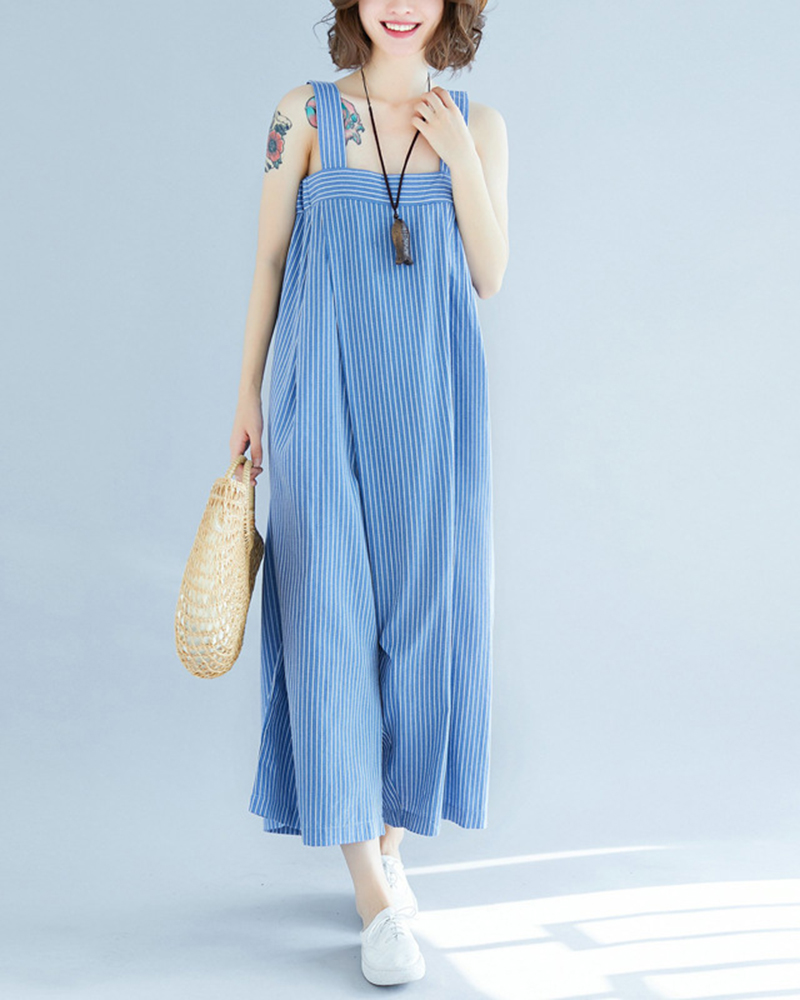 Striped Wide Shoulder Strap Wide Leg Loose Jumpsuit