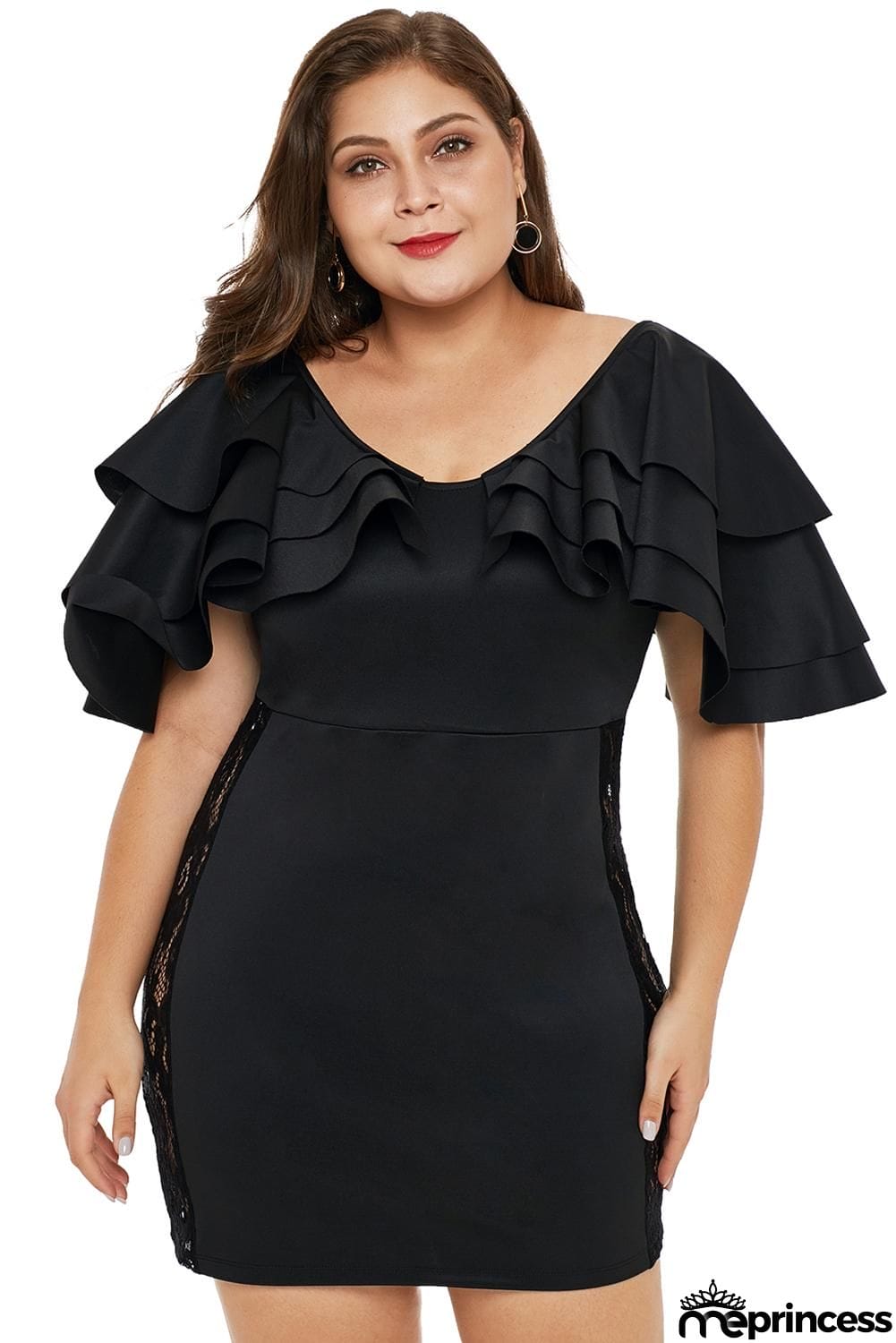 Cascading Shoulder Lace Insert Plus Size Dress