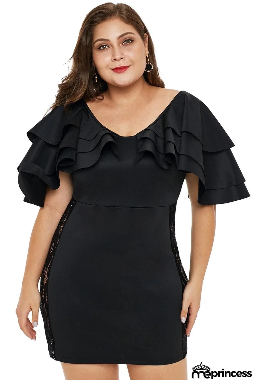 Cascading Shoulder Lace Insert Plus Size Dress