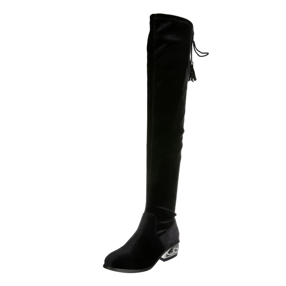 Black Fringe Tie Styling Round Toe Decorative Heel Zipper Long Boots Nicepairs