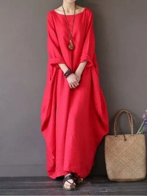 Women plus size clothing Women Long Sleeve Scoop Neck Solid Color Maxi Dress-Nordswear