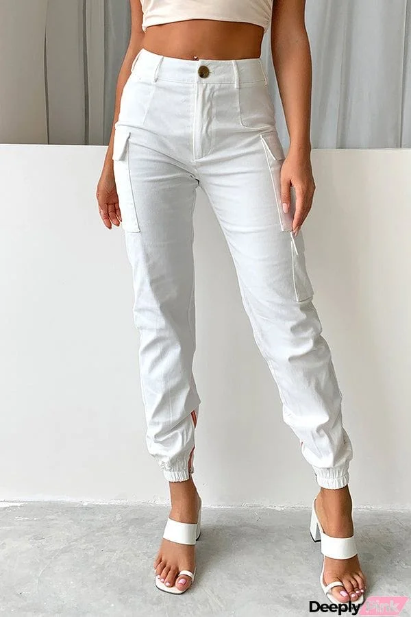 Women's Low Waist Button Solid Color Pocket Drawstring Cargo Pants