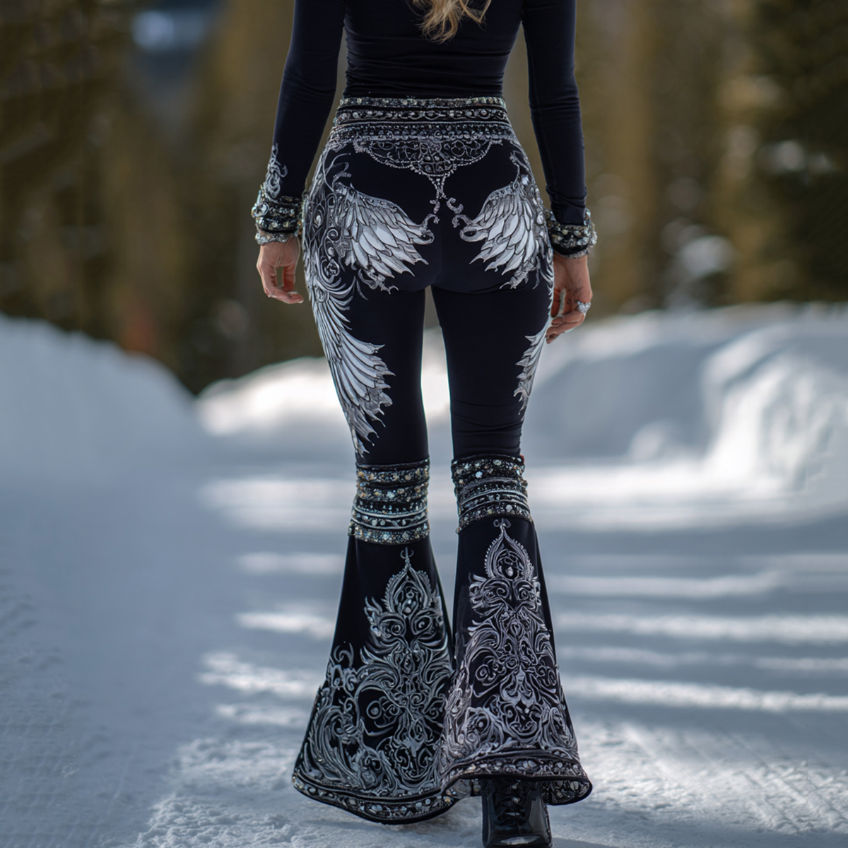 Women's Viking Celtic Knot With Angle Wing Print Casual Flared Leggings elevenforest