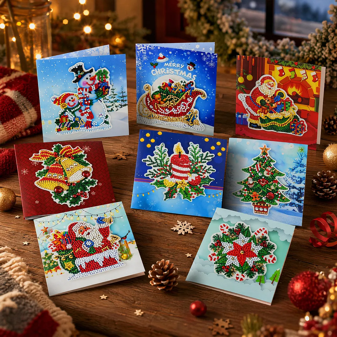 8PCS Christmas Atmosphere DIY Diamond Painting Greeting Card Kits with Envelopes Diamond Art Greeting Cards Diamond Art Cards Kits for Adults DIY Crafts Family Friend Gifts