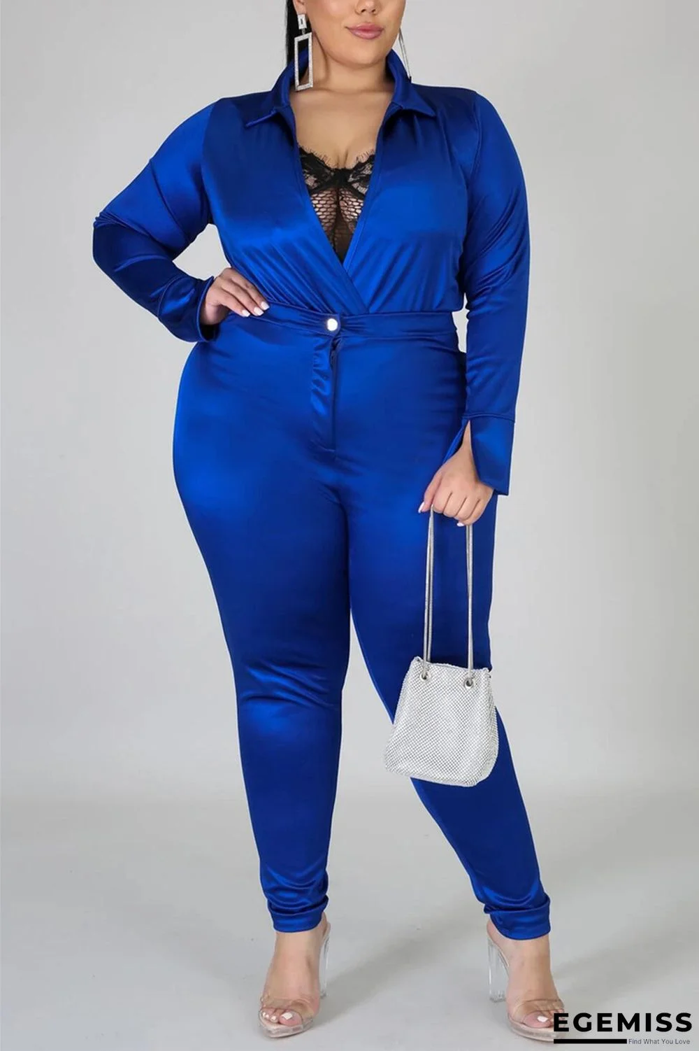 Blue Fashion Casual Solid Basic Turtleneck Plus Size Set | EGEMISS
