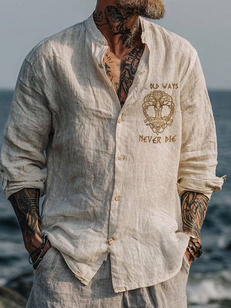 Men's Viking-Inspired Tree Of Life Rune Long Sleeve Linen Shirt / Rvogue / Rvogue