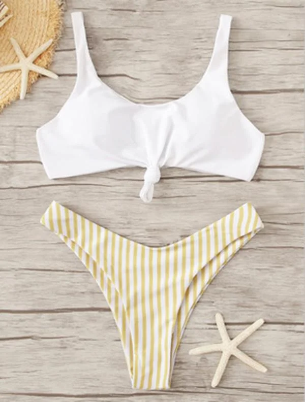 White Top With Striped Panty Bikini Set