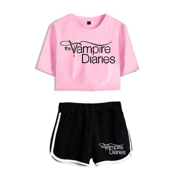 Summer Funny Beach Suits the Vampire Diaries T Shirt Short Two Piece Set Summer Harajuku Cotton Print Crop Top T Shirt and Shorts - Shop Trendy Women's Fashion | TeeYours