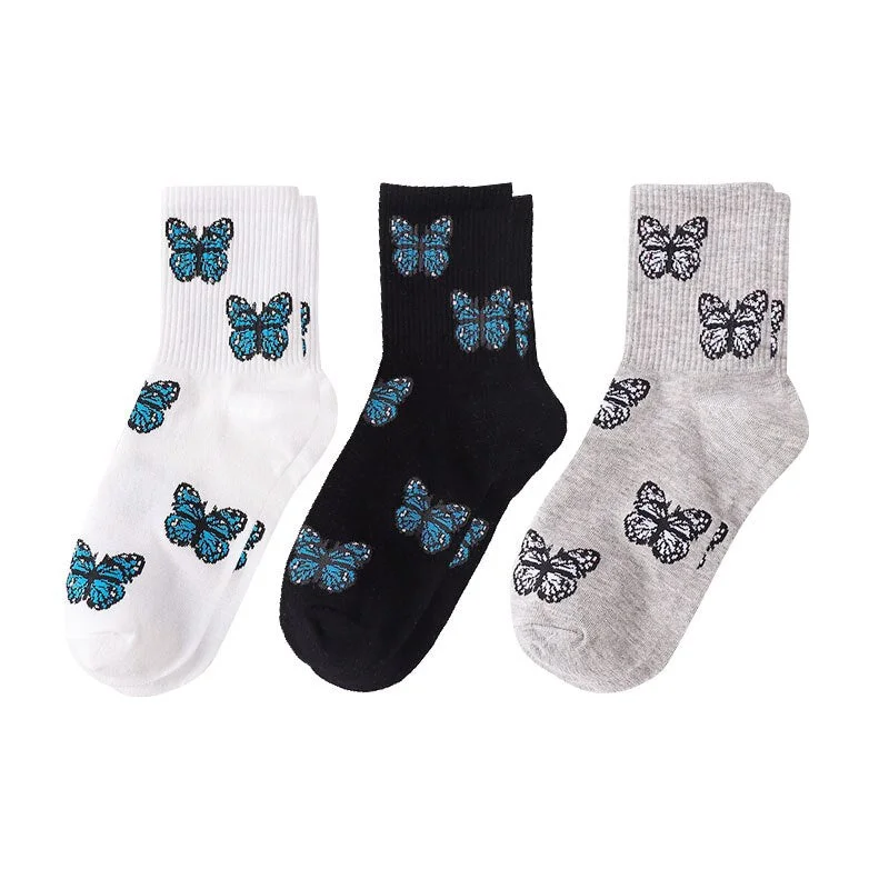 3Pair Fashion Butterfly Cotton Women Street Socks Harajuku Skateboard Tube Socks Korea Hip Hop Autumn Thick Indoor Floor Sock
