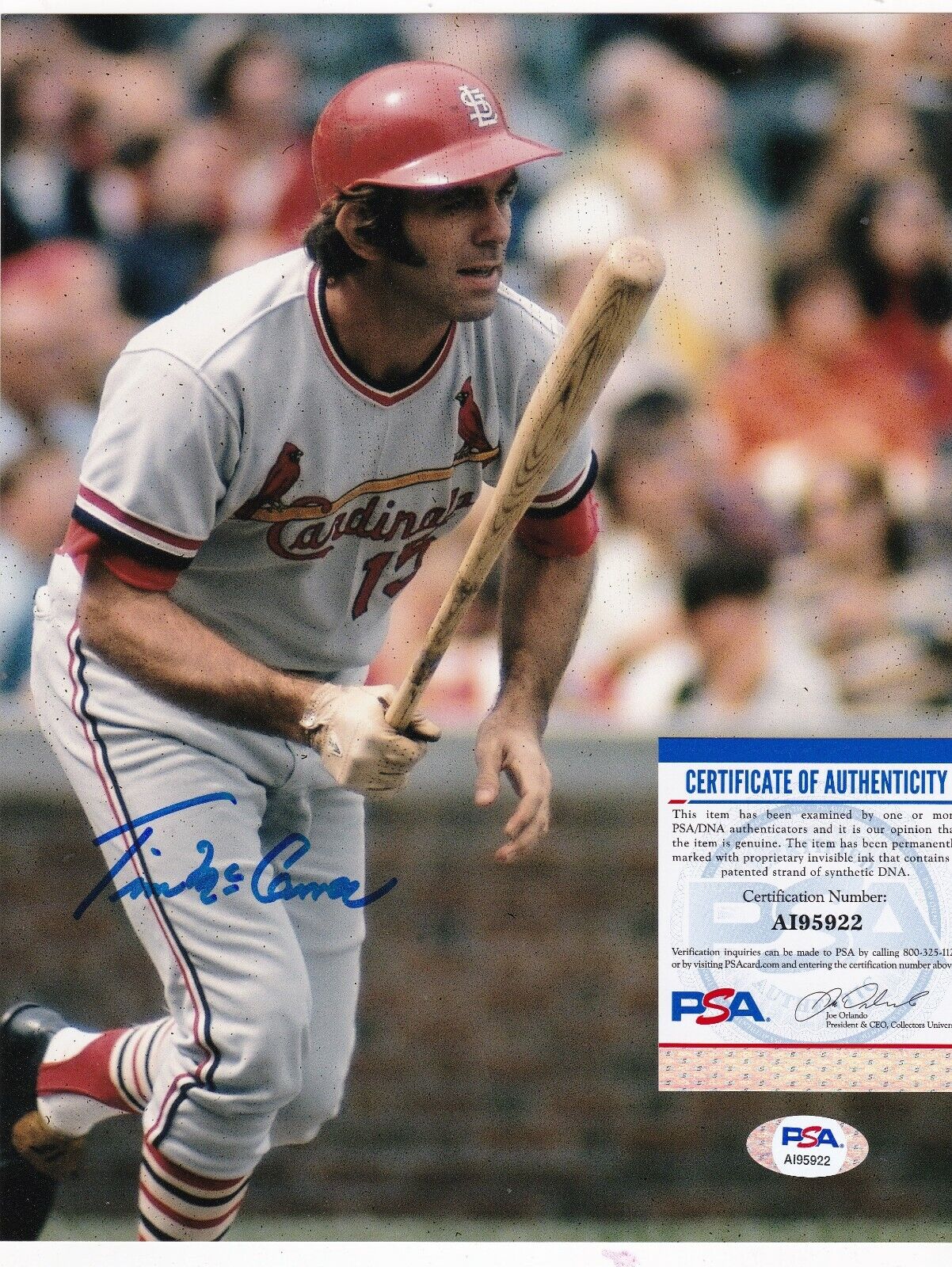 TIM MCCARVER ST. LOUIS CARDINALS PSA AUTHENTICATED ACTION SIGNED 8x10