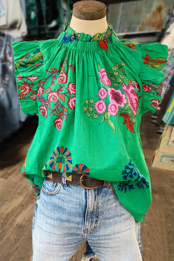 All Over Floral Print Ruffle Sleeve Top