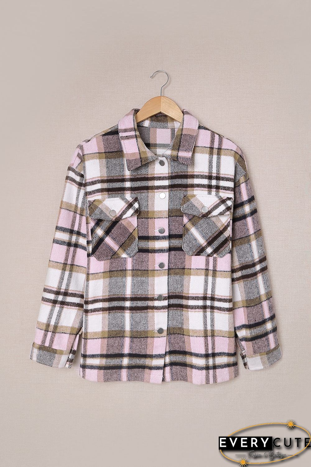 Pink Geometric Plaid Print Pocketed Shirt