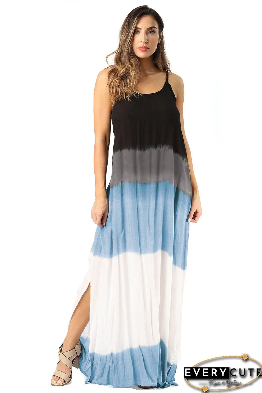 Sky Blue Spaghetti Strap Tie Dye Slit Maxi Dress