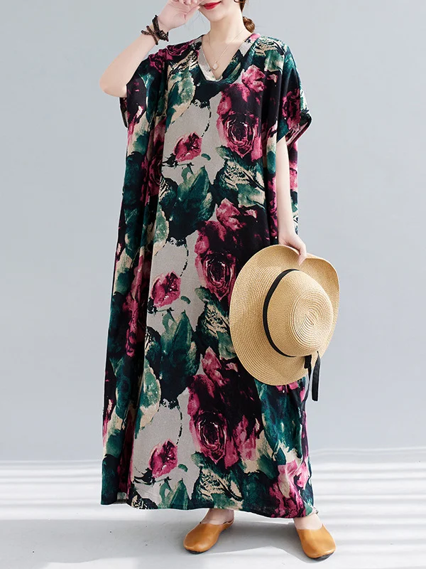 Artistic Retro Short Sleeves Roomy Floral Stamped Contrast Color V-Neck Maxi Dresses
