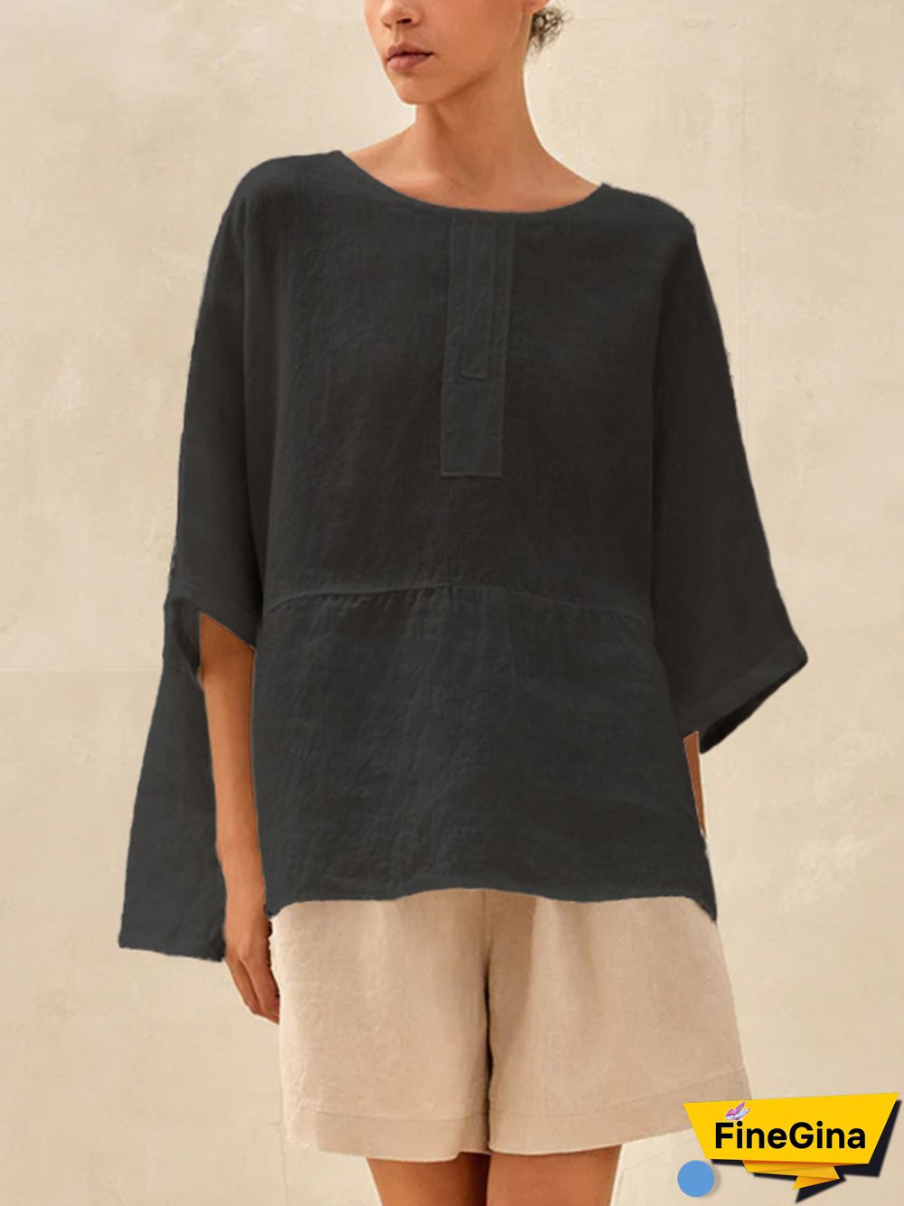 Robyn Linen Round Neck Mid-Sleeve Top
