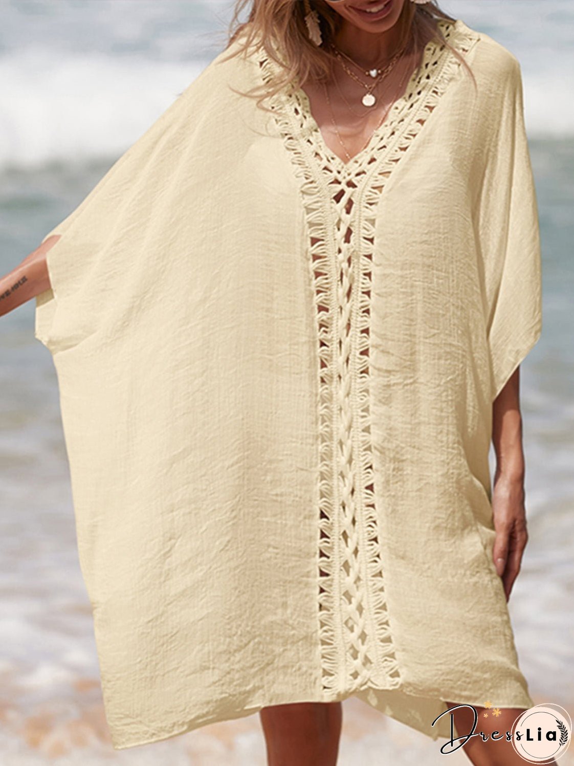 Cutout V-Neck Three-Quarter Sleeve Cover Up