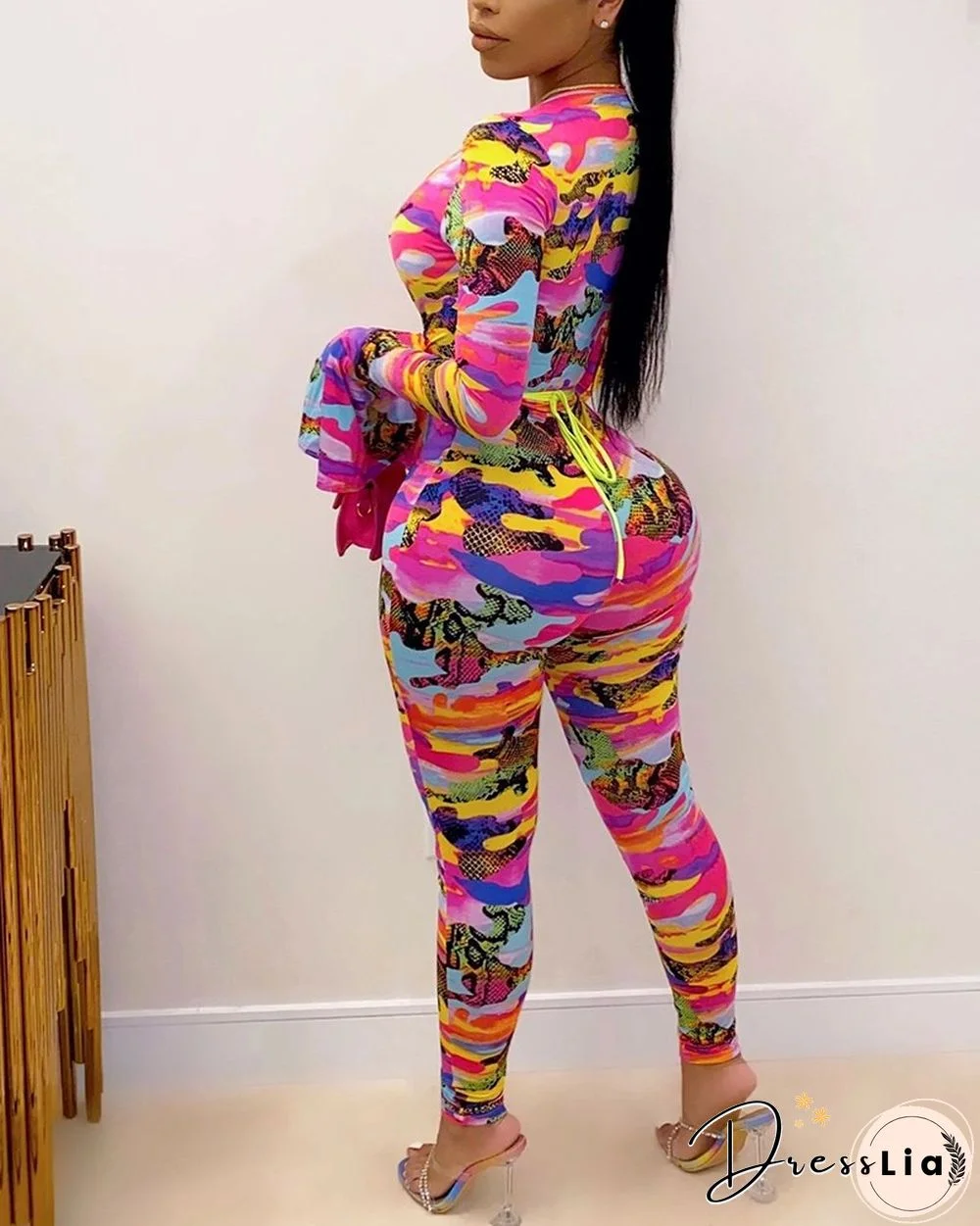 Tie Dye Flared Sleeves Lace-up Bodycon Jumpsuit